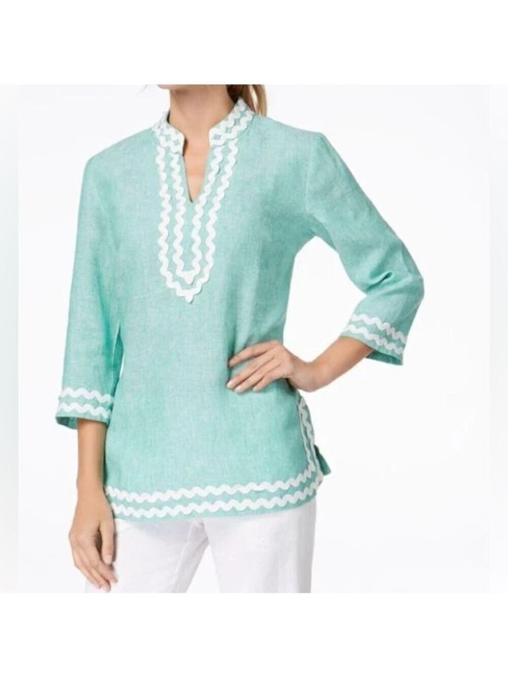 Charter Club 100% Linen V-Neck Zigzag Trim 3/4 Sleeve Tunic Length Top